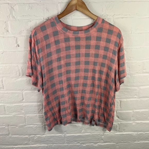 Honeydew USA Tops - Honeydew Womens Plaid T-Shirt Top Short Sleeves Round Neck Coral Black Large